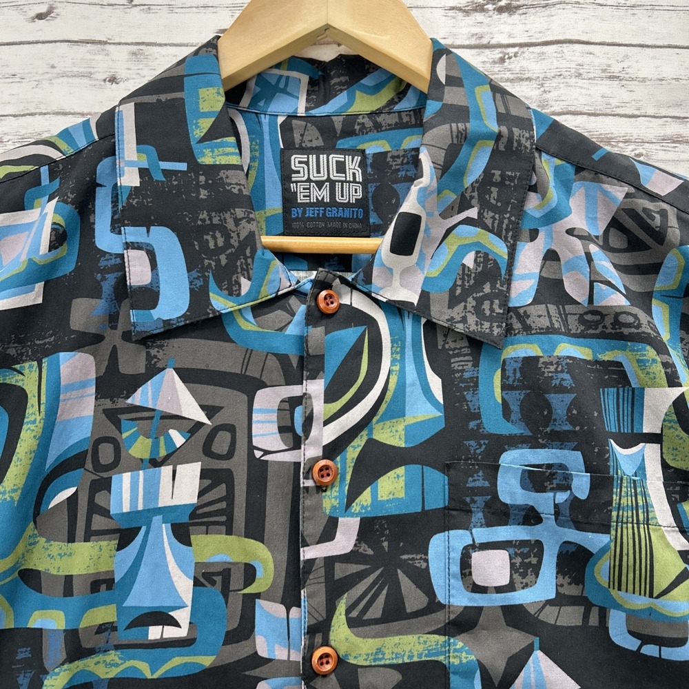 Jeff Granito 'Suck "Em Up' Hawaiian Aloha Shirt Men Size Medium Cotton Camp SS - Picture 2 of 10